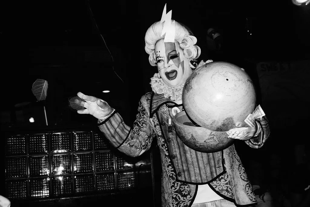 Performer with a globe, Bowie Ball 2014